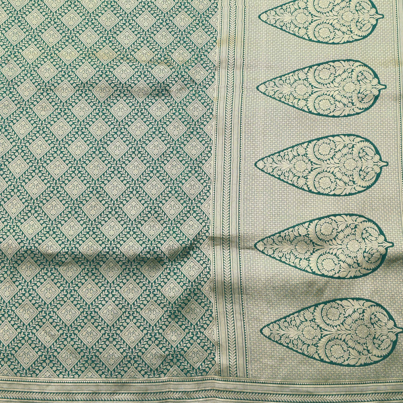 Bottle Green Banarasi Silk Saree with Creeper Design