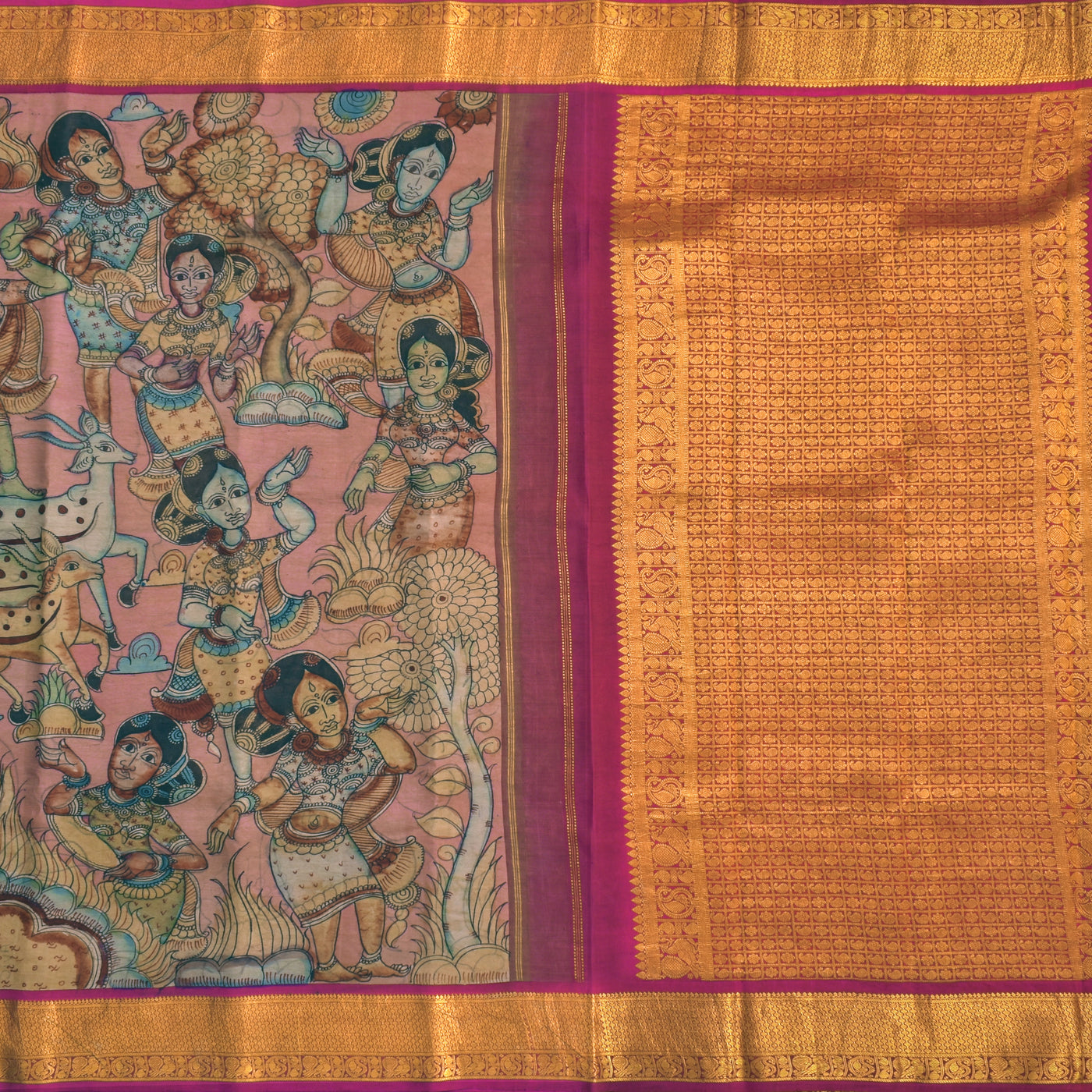 Onion Pink Pen Kalamkari Silk Saree