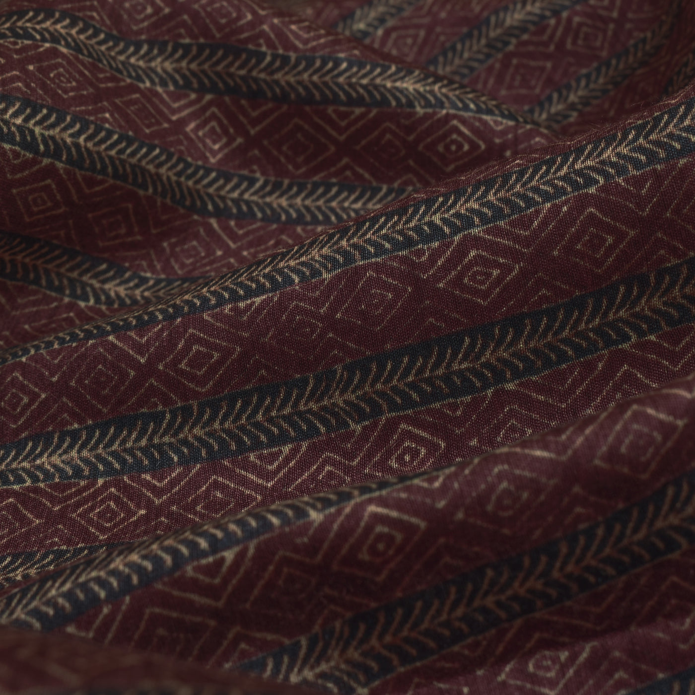 Maroon with Navy Blue Tussar Silk Fabric with Stripes Design