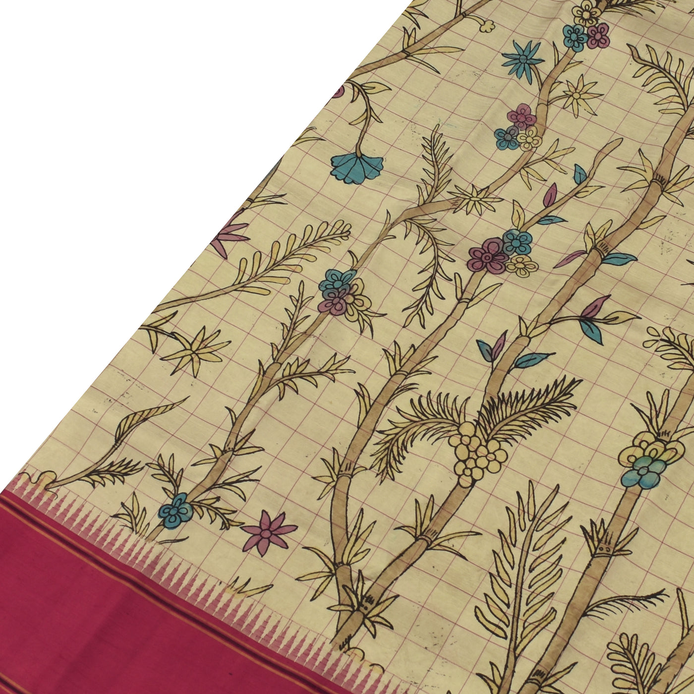Beige Pen Kalamkari Silk Saree with Floral Checks Design