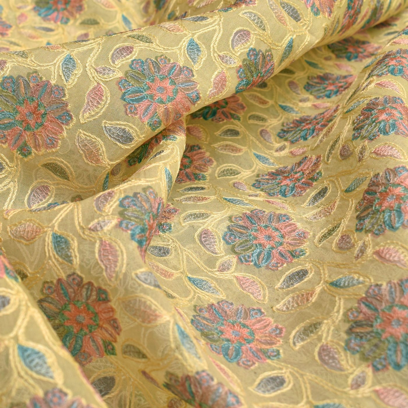 Yellow Organza Fabric with Floral Thread Embroidery Design