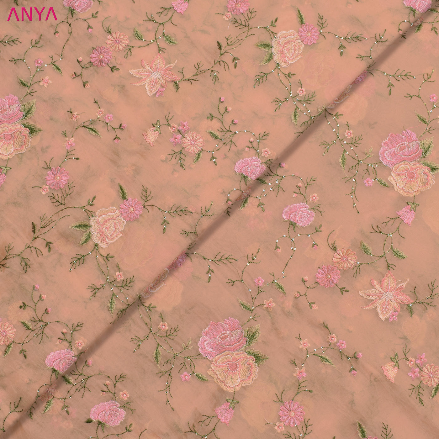 Peach Organza Fabric with Floral Creeper Embroidery Design