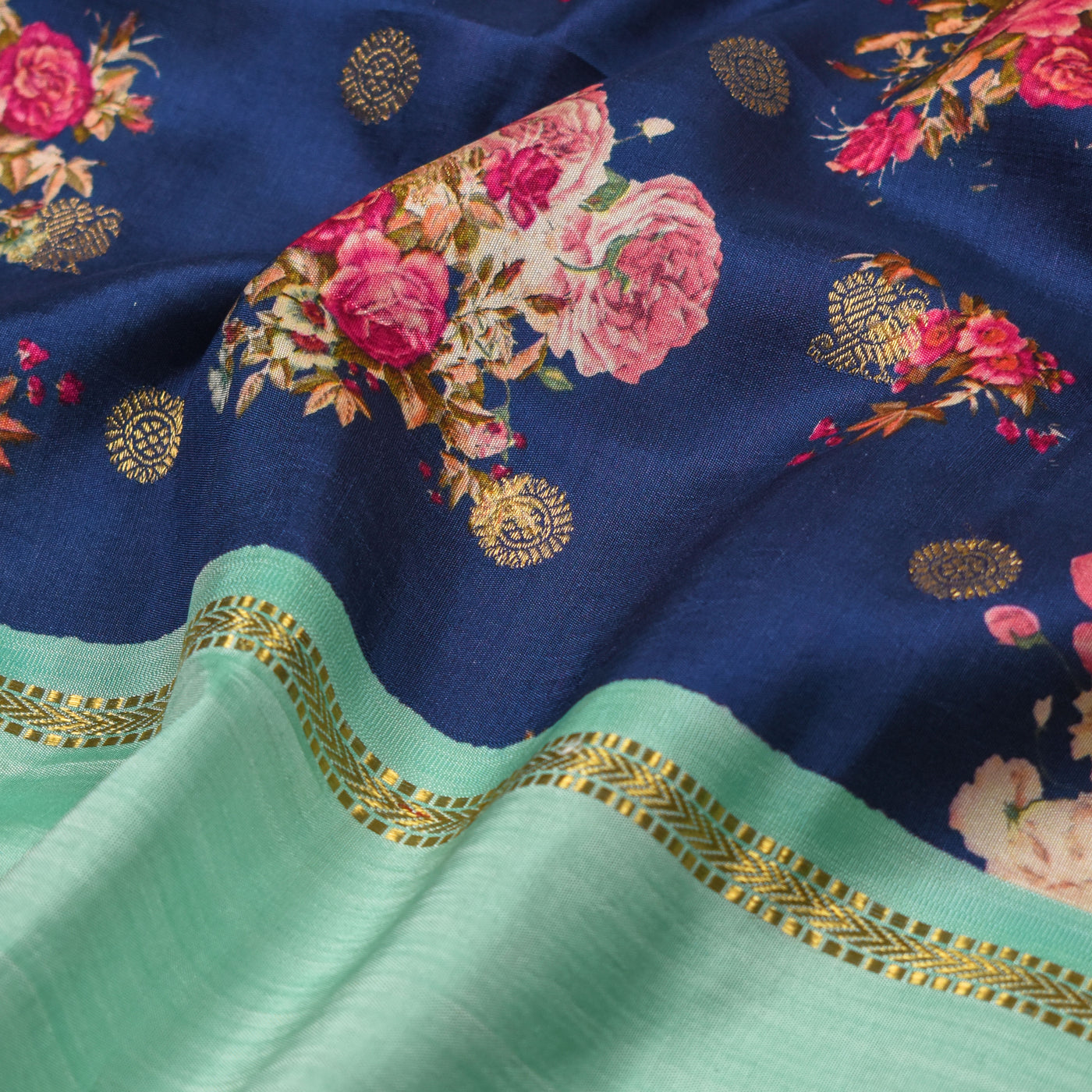 Ms Blue Printed Kanchi Silk Saree with Floral Print and Zari Butta Design