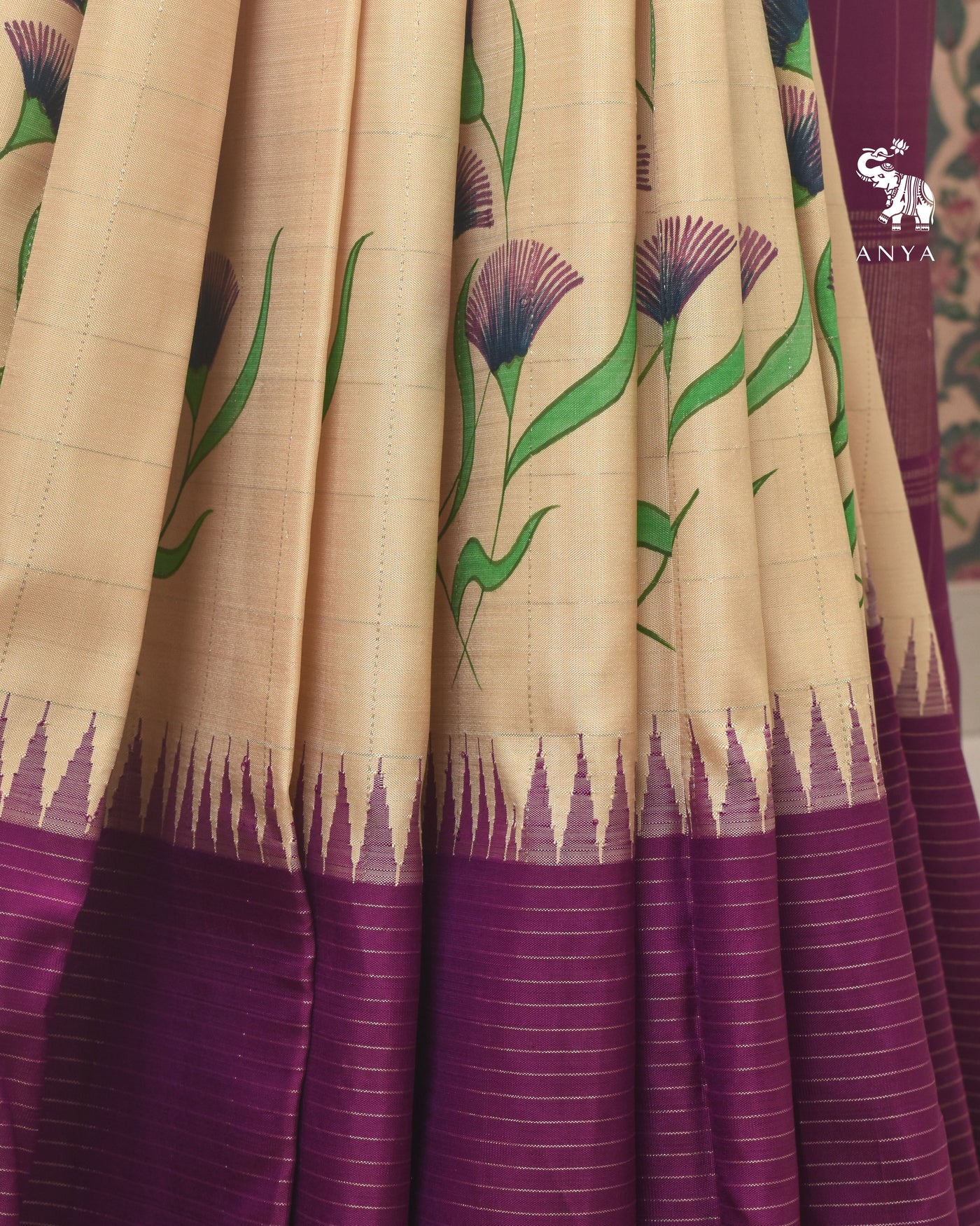 Off White Hand Painted Kanchi Silk Saree with Zari Kattam and Floral Painted Design