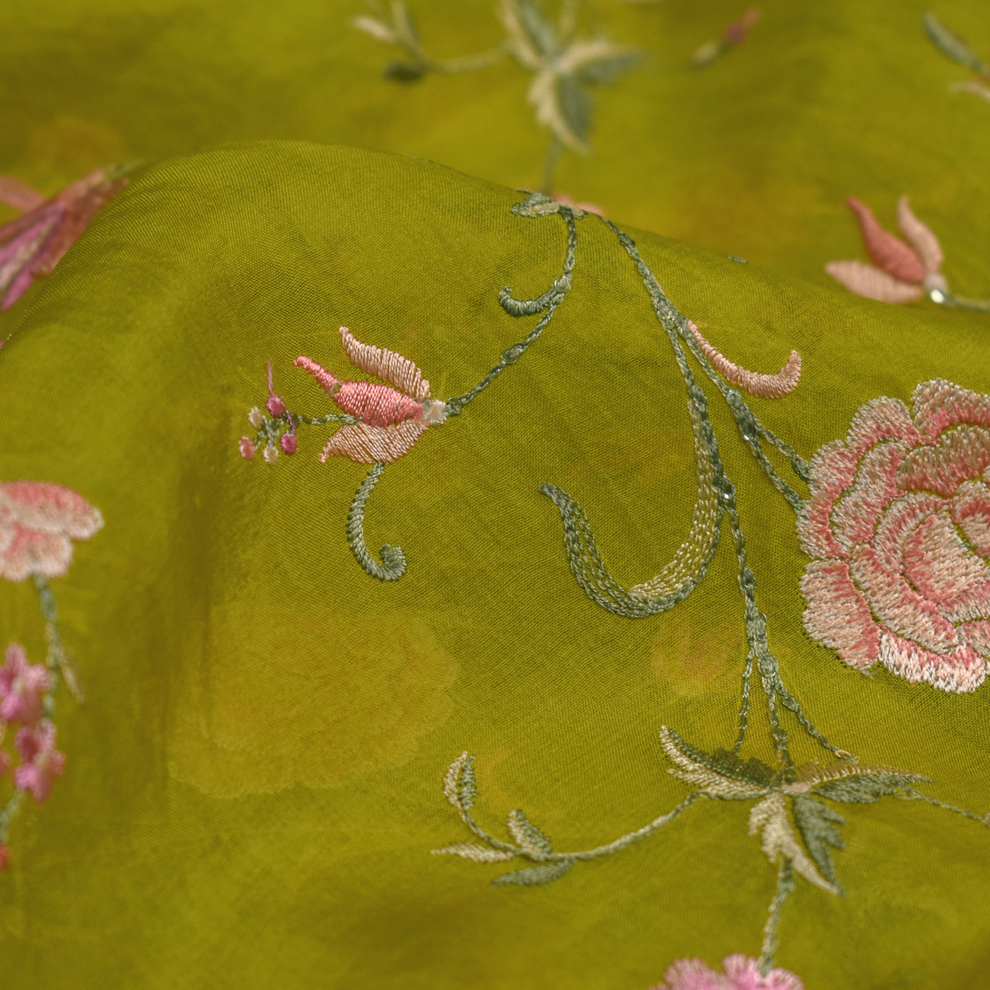 Manoranjitham Green Organza Fabric with Floral Embroidery Design