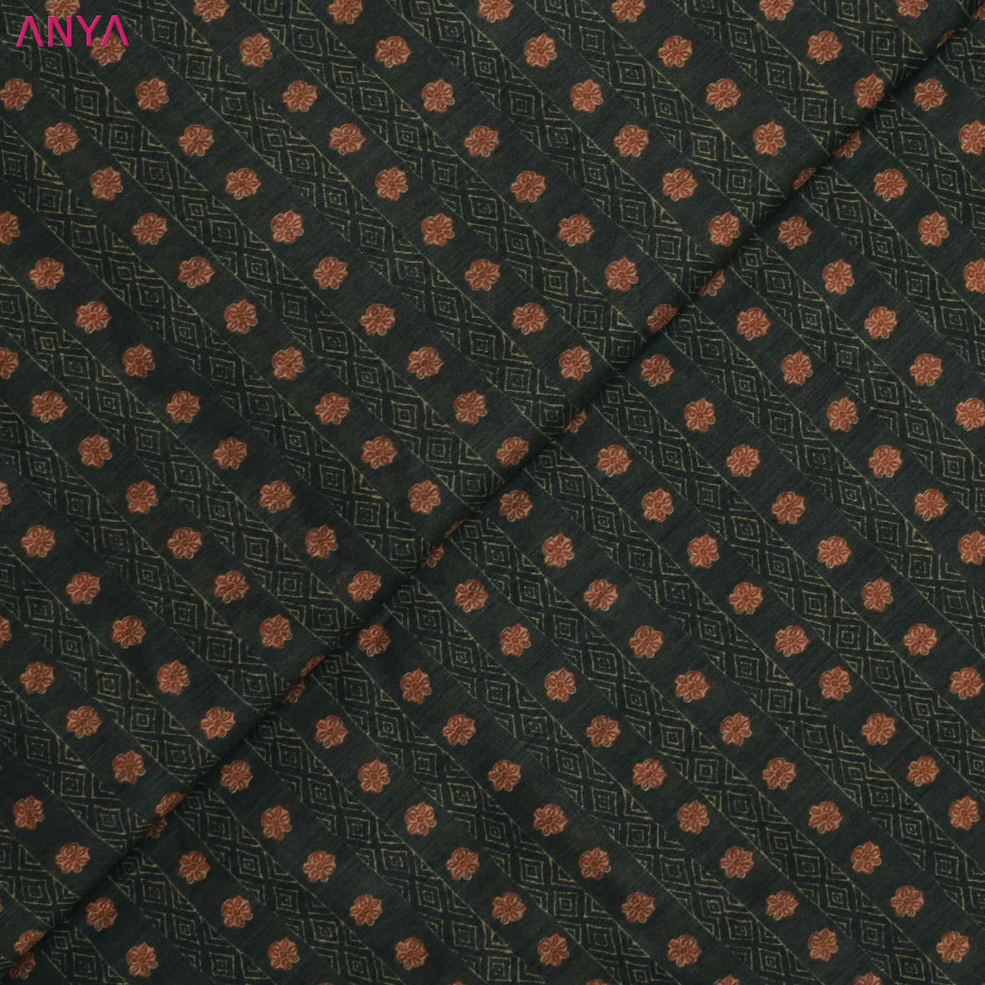 Green Tussar Silk Fabric with Flower and Stripes Design