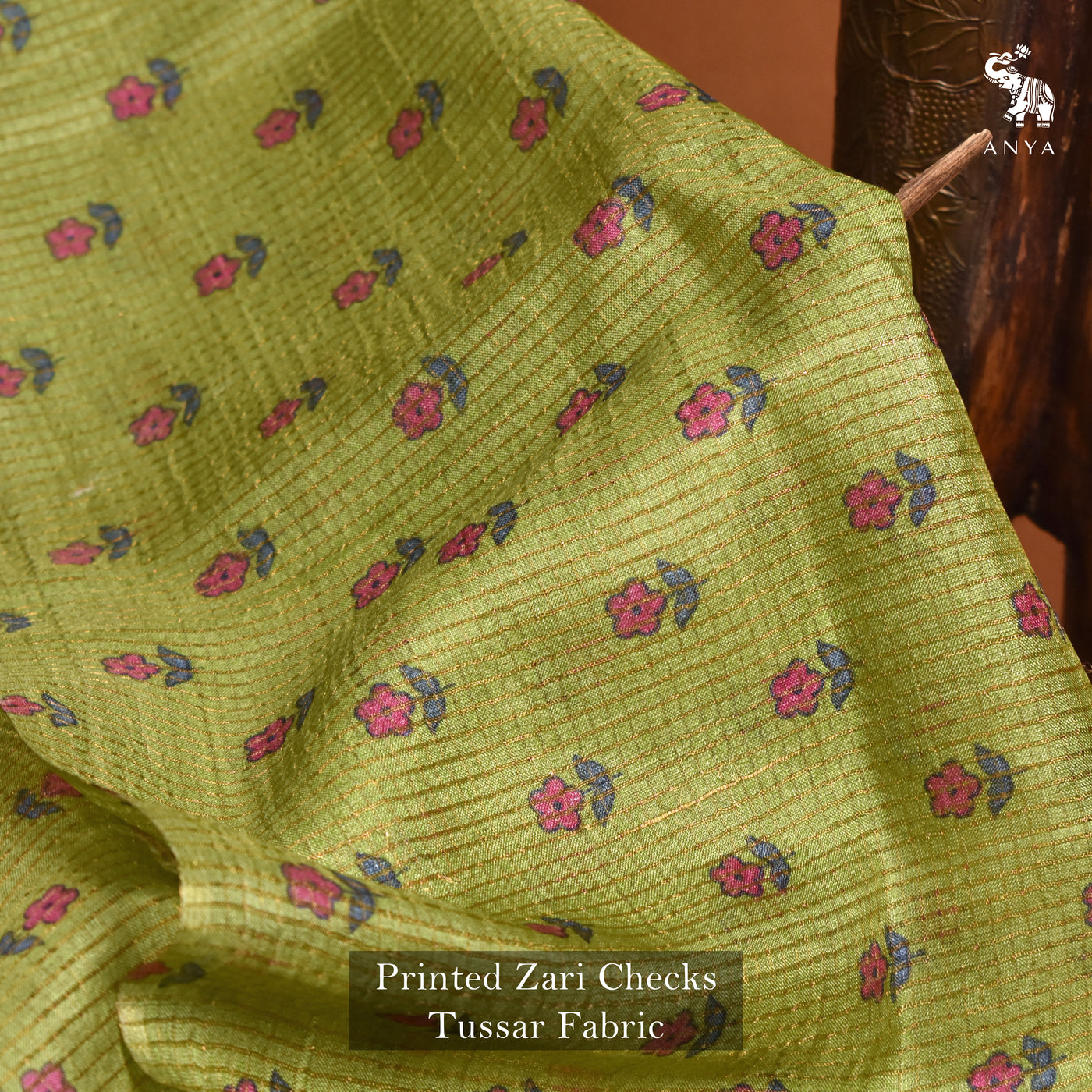 Samagha Green Tussar Silk Fabric with Floral Print Zari Checks Design