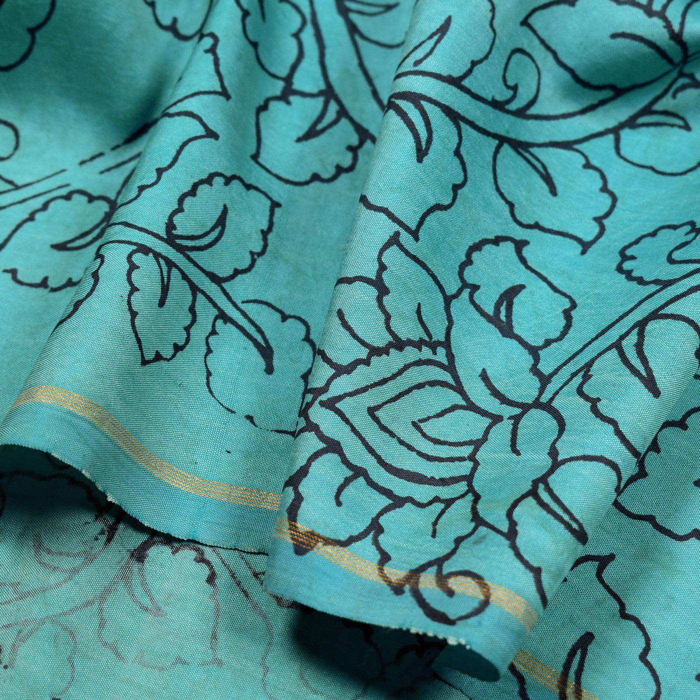 Sky Blue Pen Kalamkari Kanchi Silk Fabric