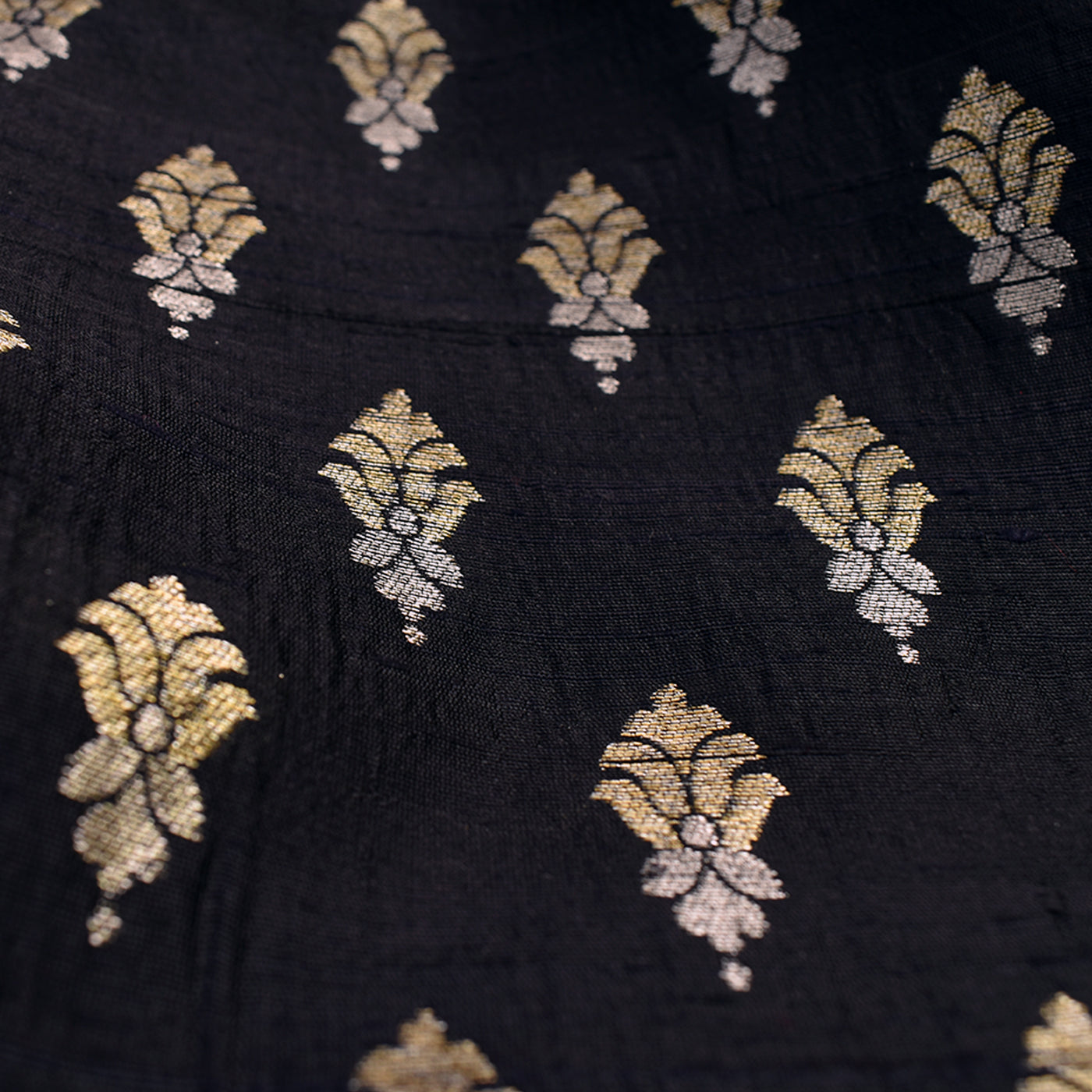 Black Tussar Raw Silk Fabric with Flower Butta Design