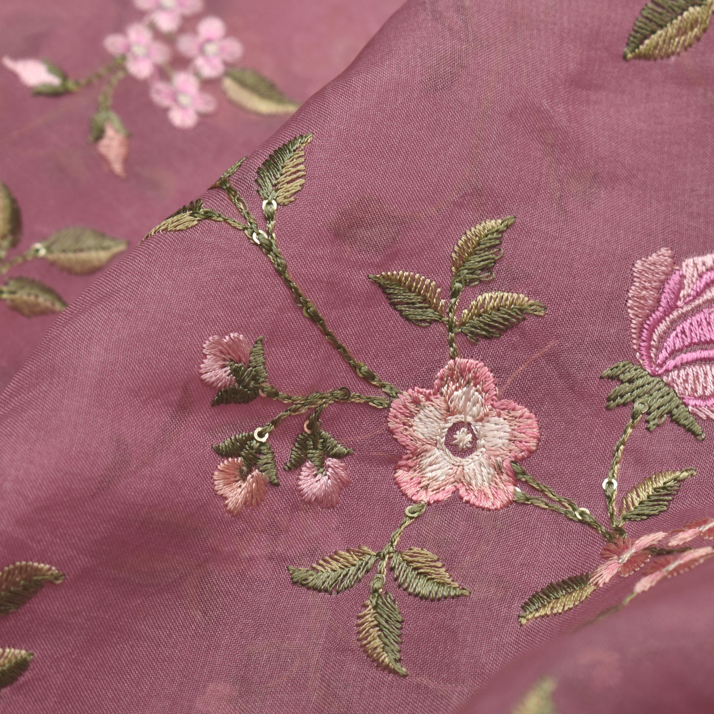 Onion Pink Organza Fabric with Floral Embroidery Design