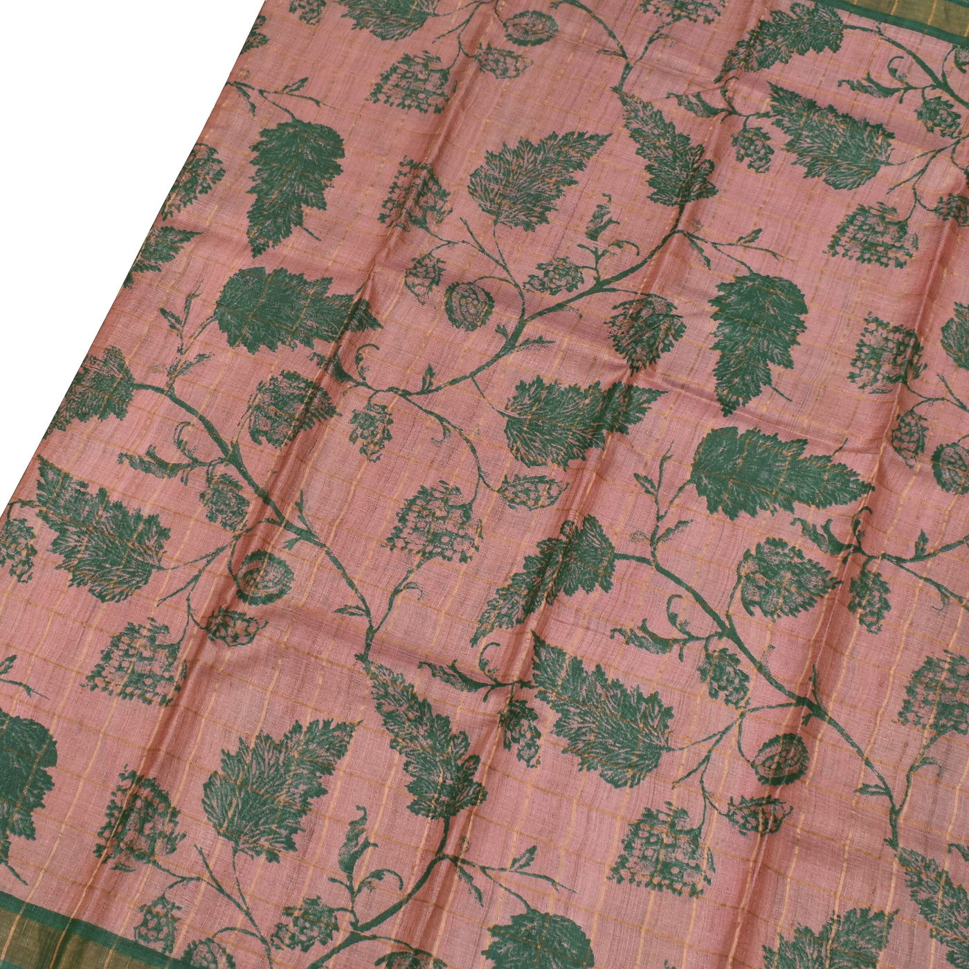 Onion Pink Tussar Silk Saree with Leaf Print and Zari Checks Design