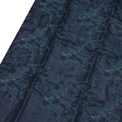 Navy Blue Tussar Silk Saree with Floral Embroidery Design