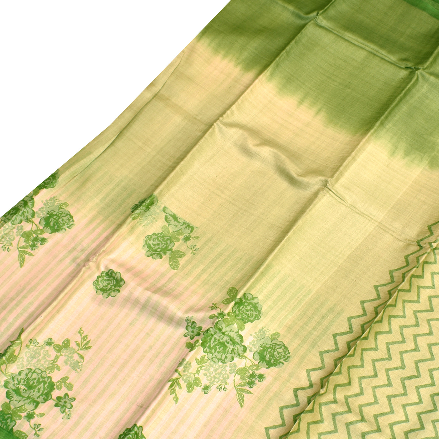 Off White and Green Tussar Silk Saree with Stripes and Floral Design