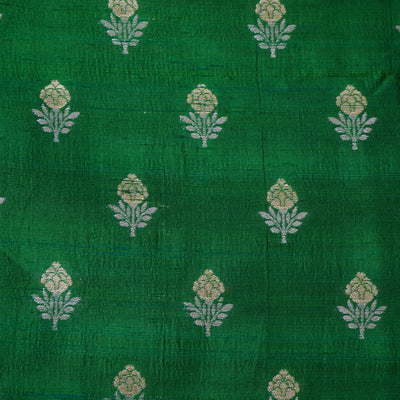 Alli Green Tussar Raw Silk Fabric with Small Zari Butta Design