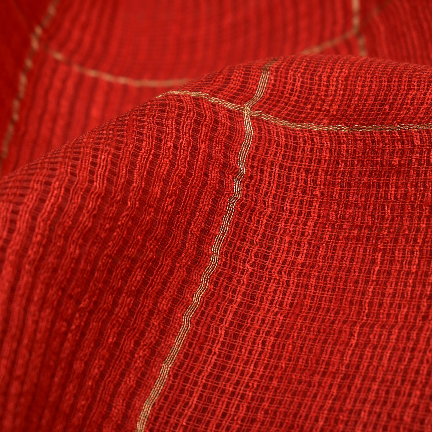 Red Matka Silk Fabric with Big Zari Checks Design