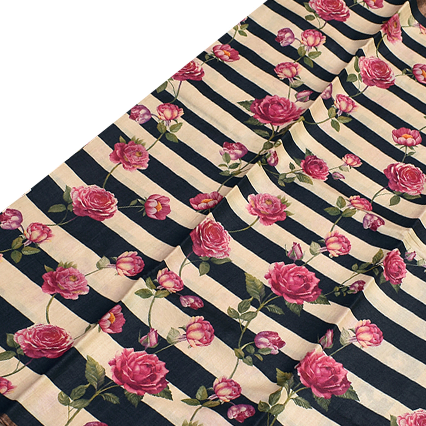 Off White and Black Tussar Silk Saree with Rose Printed Design