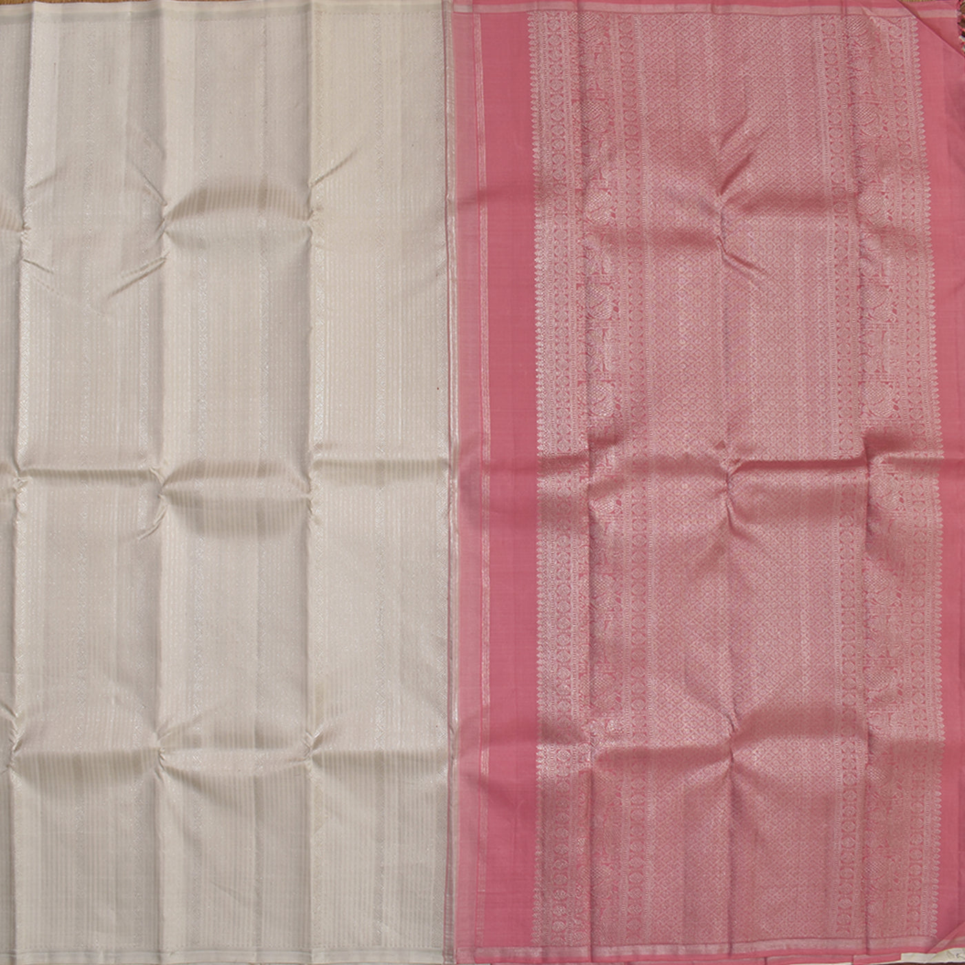 Off White Kanchipuram Silk Saree with Silver Zari Stripes Design
