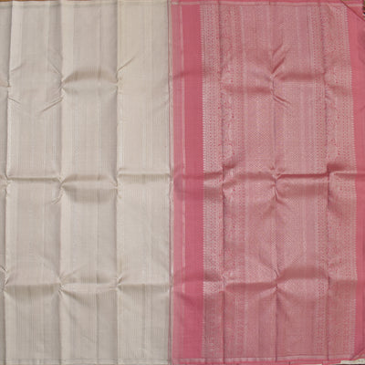 Off White Kanchipuram Silk Saree with Silver Zari Stripes Design