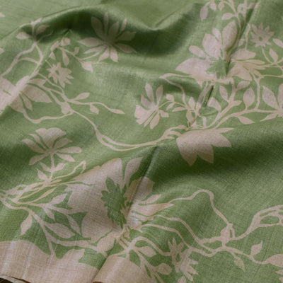 Apple Green Tussar Silk Saree with Floral Printed Design