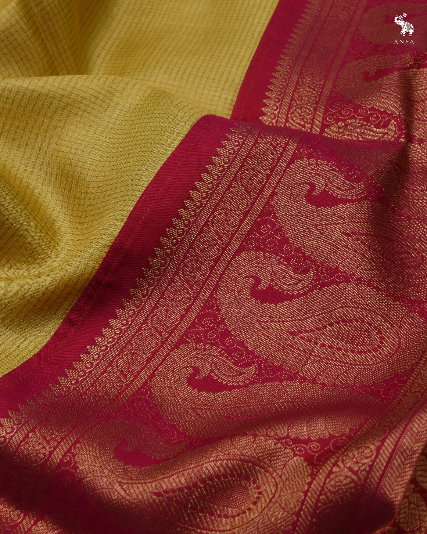 Yellow Zari Checks Tussar Silk Saree with Rani Arakku Kanchi Silk Pallu and Blouse