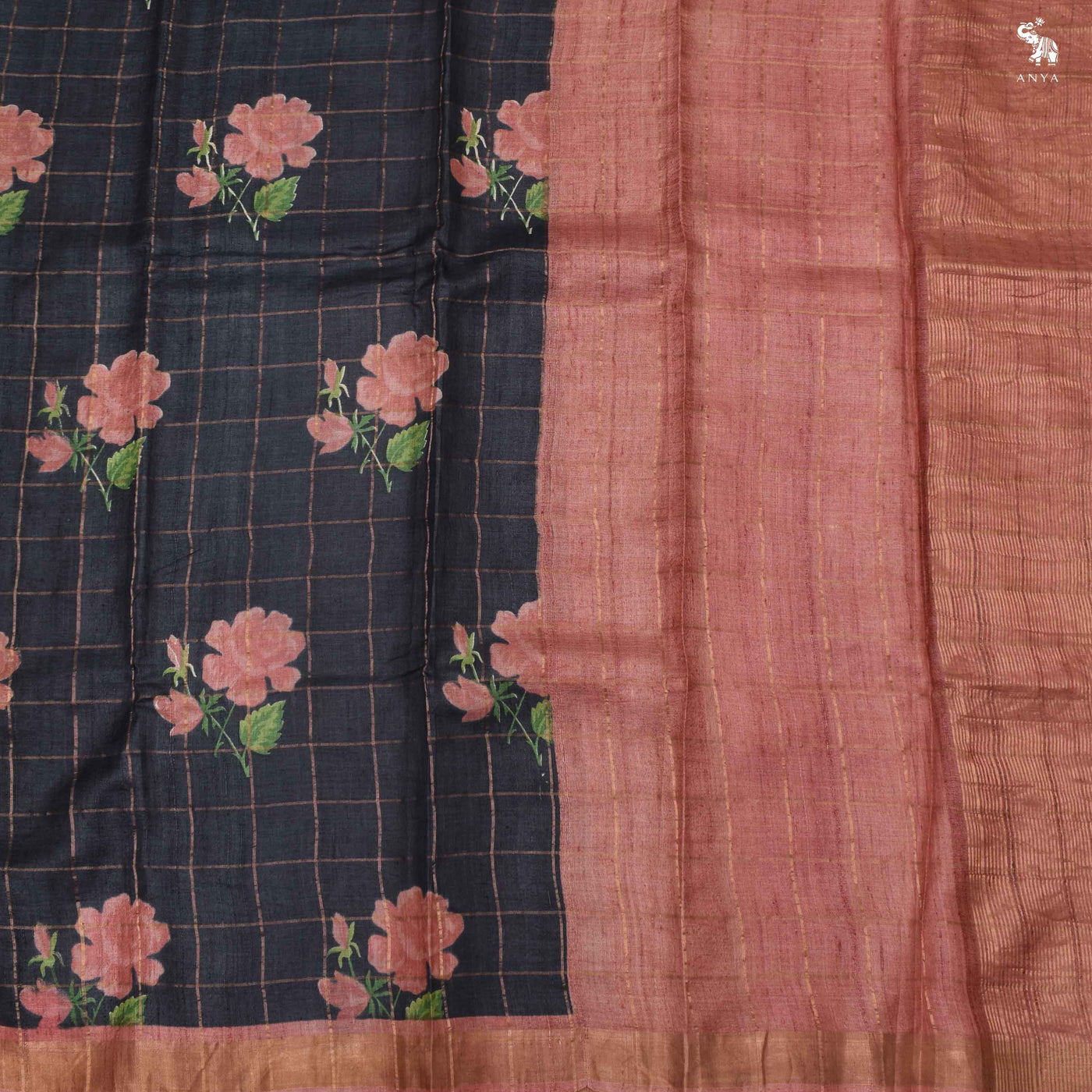 Black Tussar Silk Saree with Floral Print and Zari Kattam Design