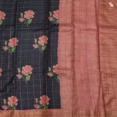 Black Tussar Silk Saree with Floral Print and Zari Kattam Design