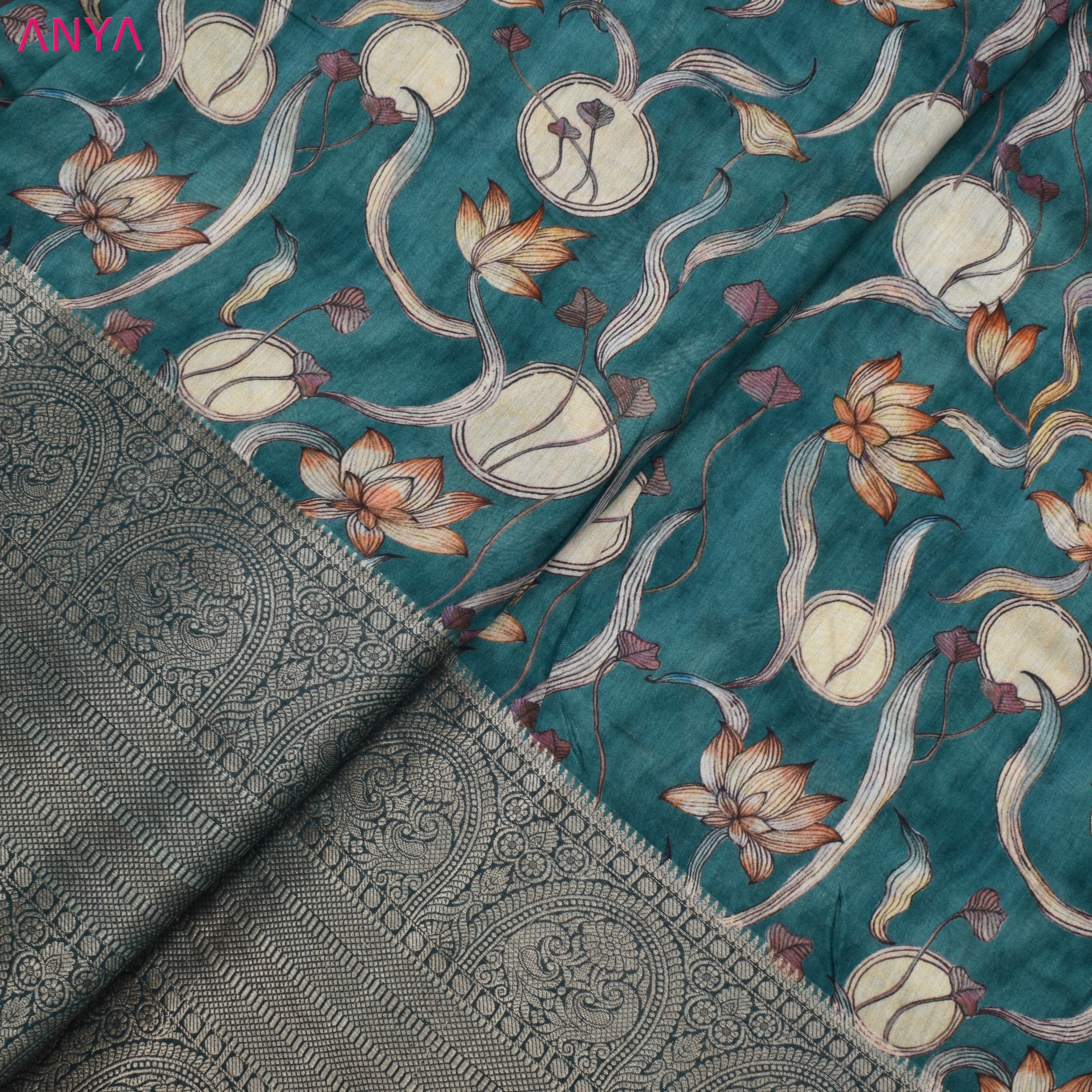 Peacock Blue Chanderi Fabric with Creeper Design