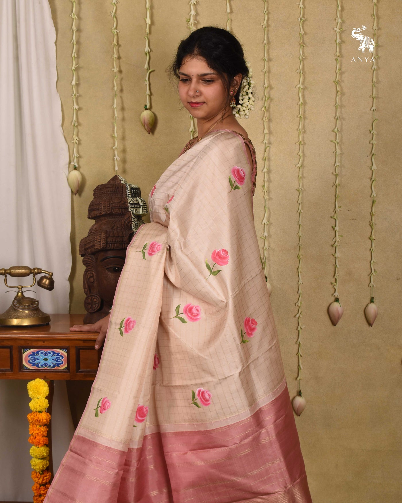 Off White Hand Painted Kanchi Silk Saree