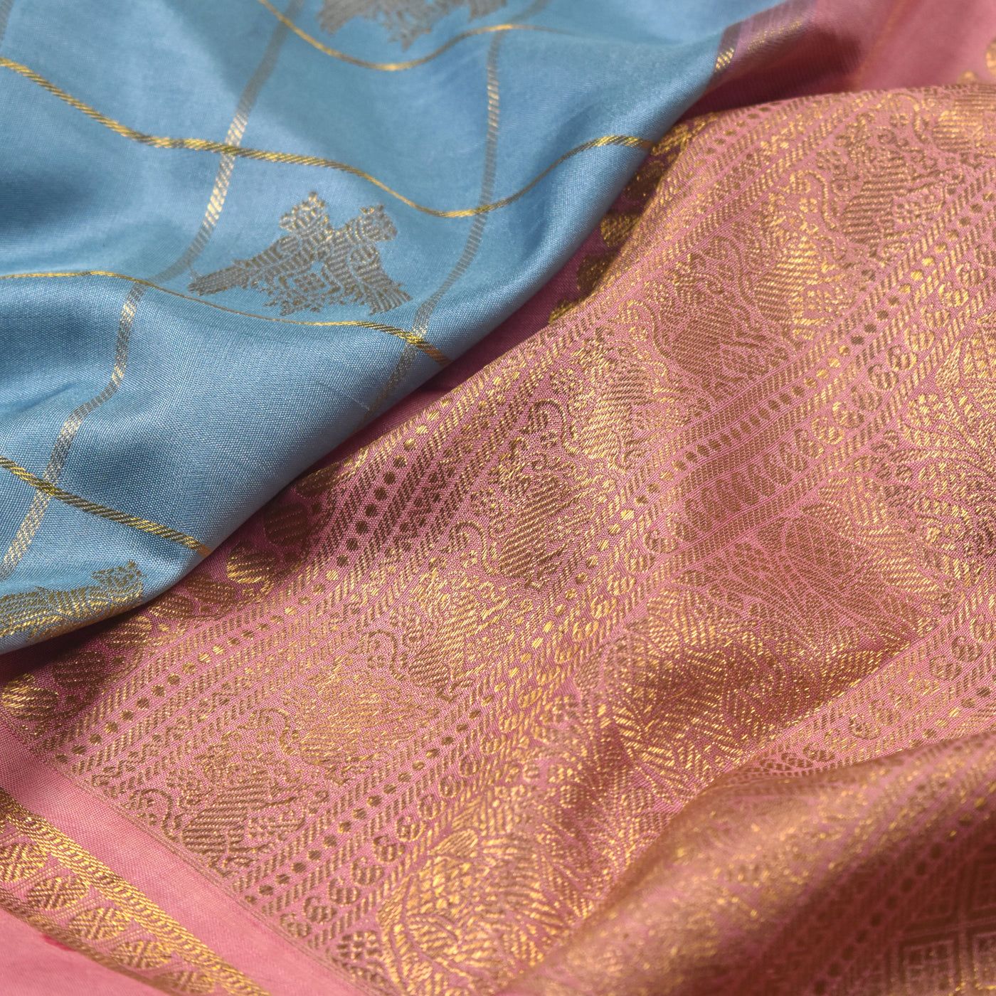 Powder Blue Printed Kanchi Silk Saree with Zari Checks and Iruthalai Patchi Design