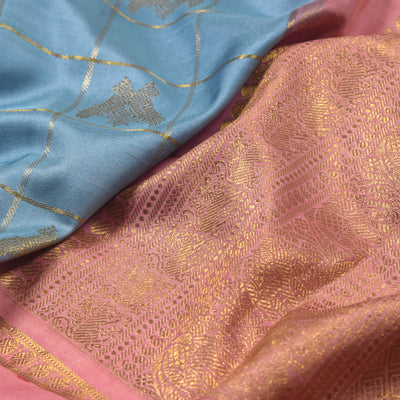 Powder Blue Printed Kanchi Silk Saree with Zari Checks and Iruthalai Patchi Design