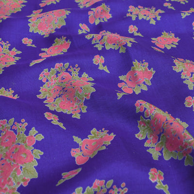 MS Blue Kanchi Discharge Printed Silk Fabric with Floral Design