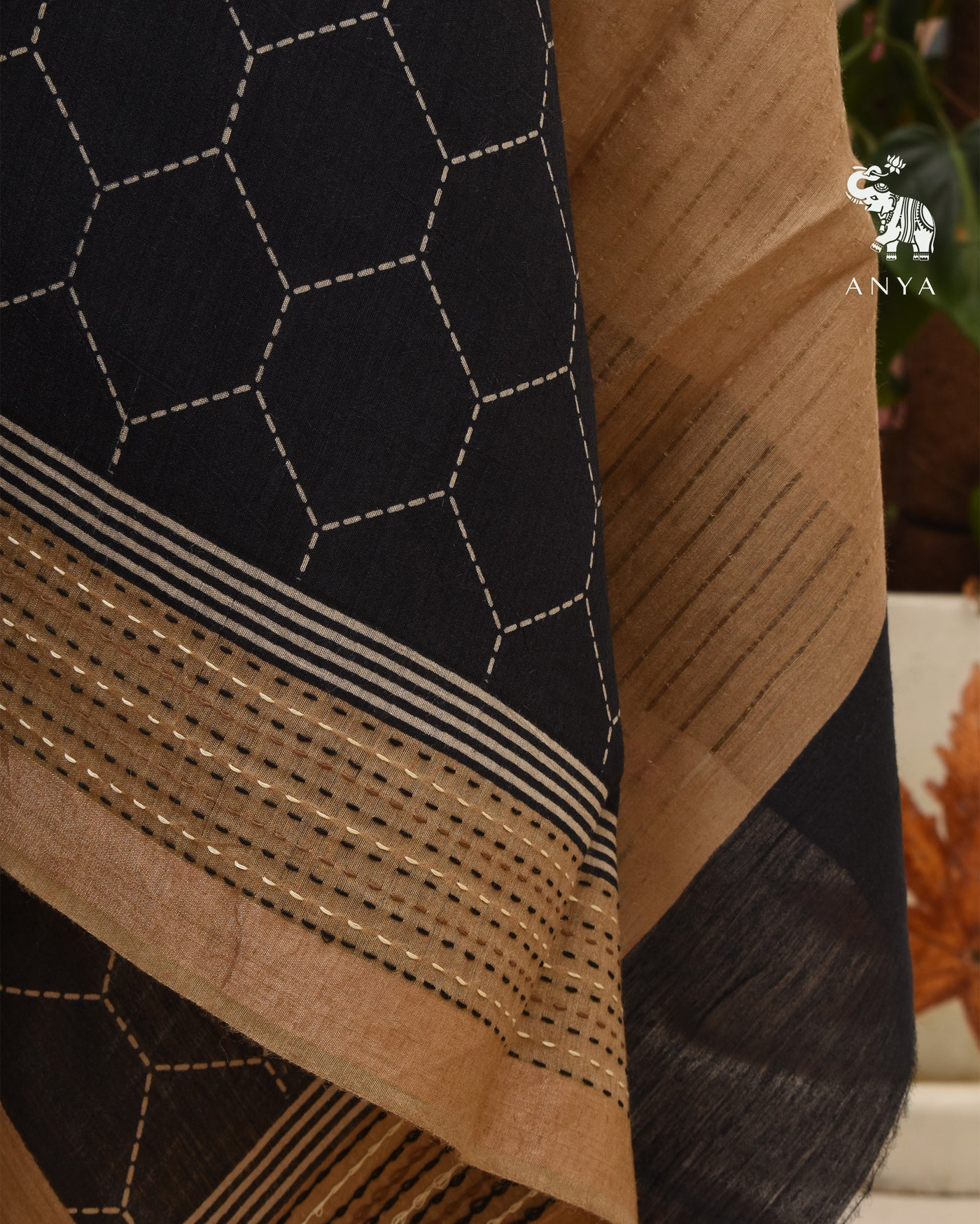 Black Chanderi Saree with Hexogan Print Design