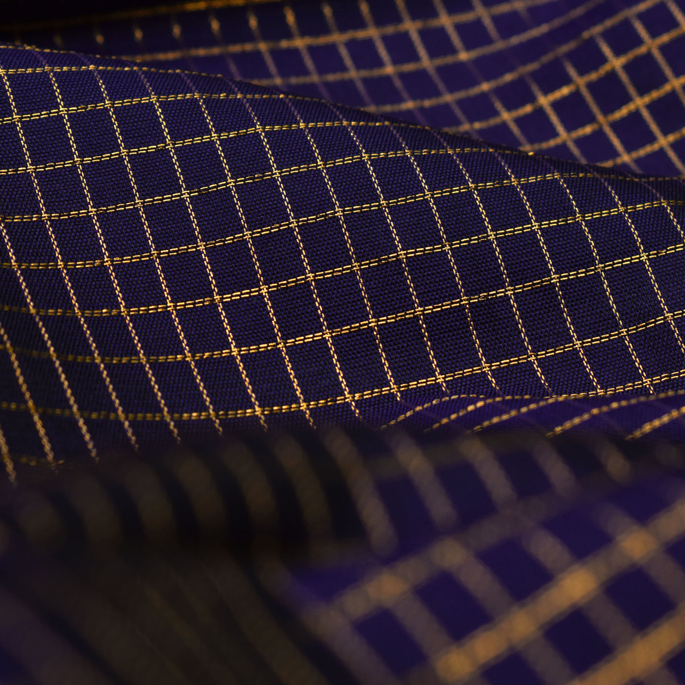 Navy Blue Kanchi Silk Fabric with Zari Checks Design