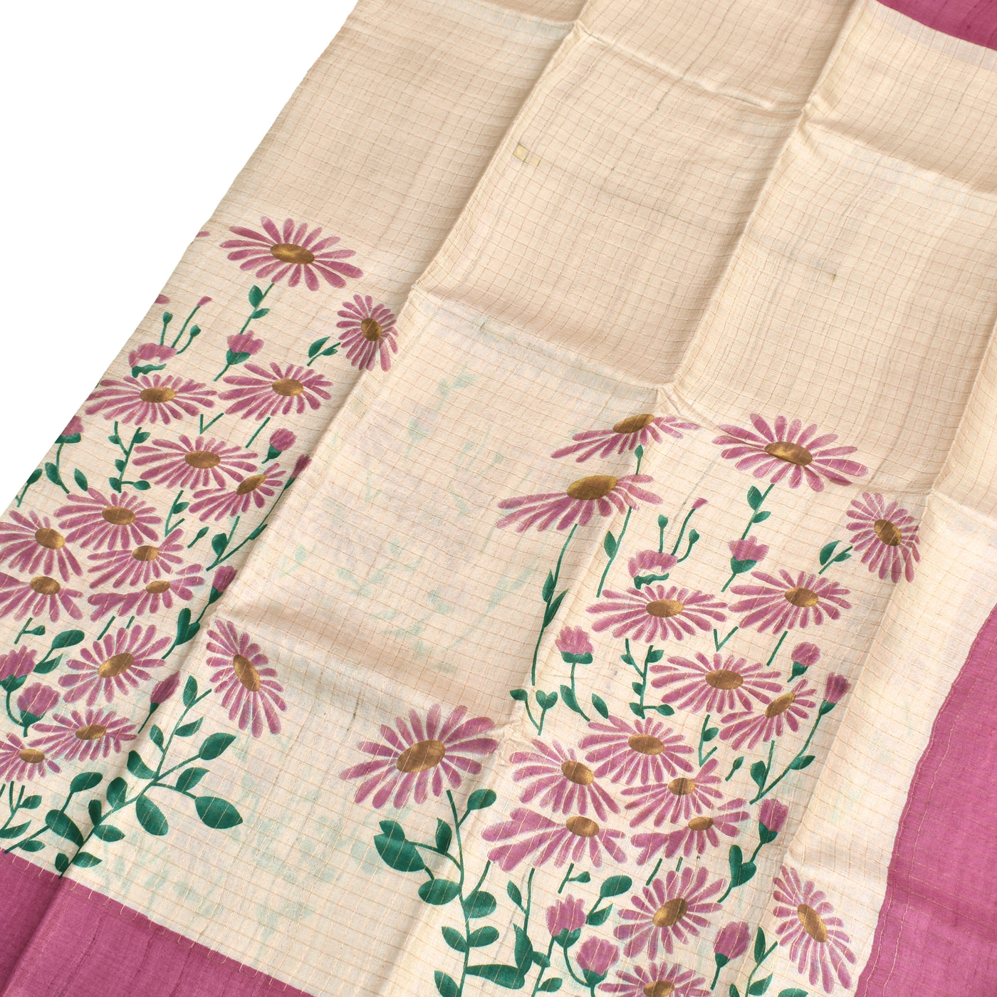 Off White Tussar Silk Saree with Floral Zari Checks Design