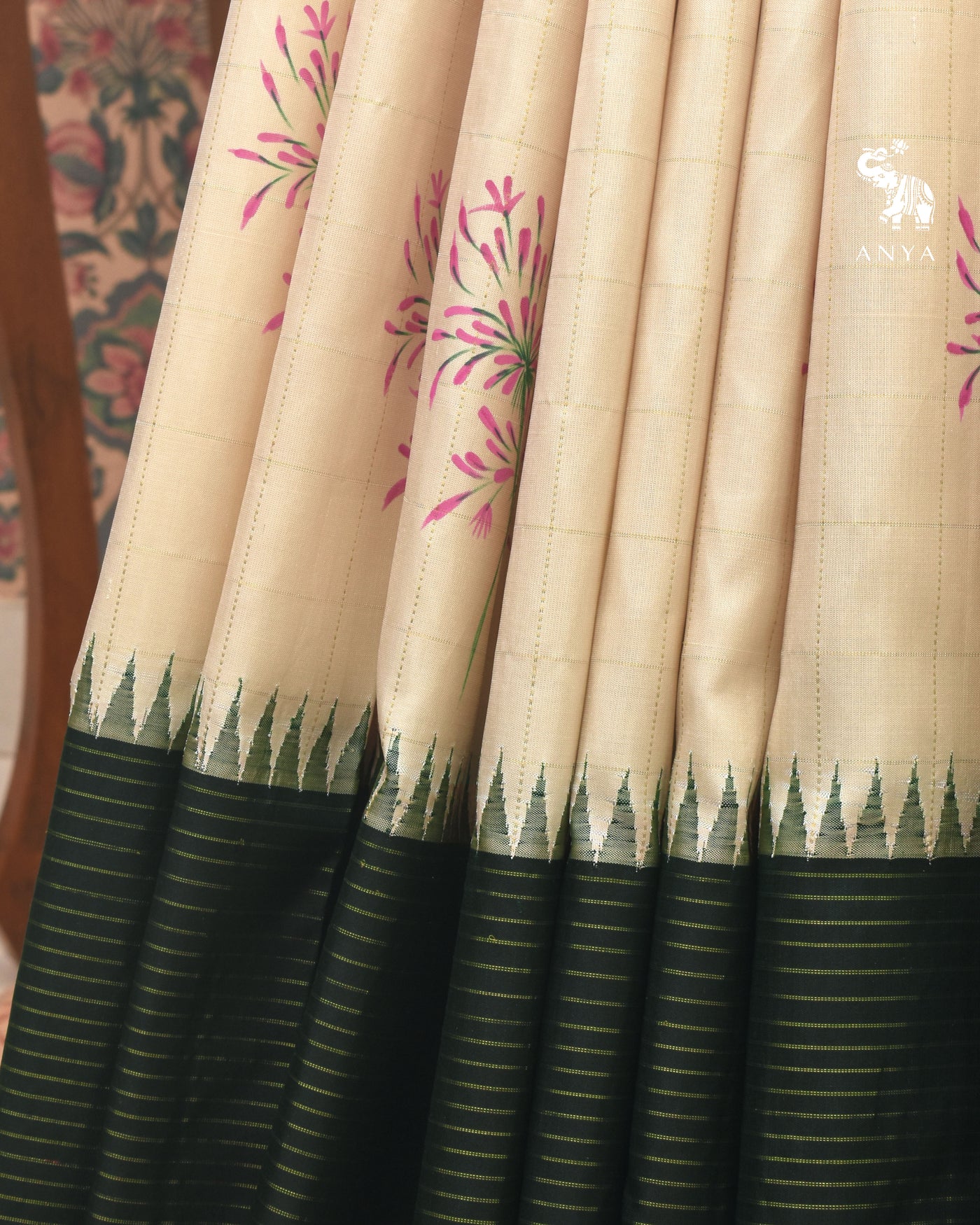 Off White Hand Painted Kanchi Silk Saree with Floral Painted and Zari Kattam Design