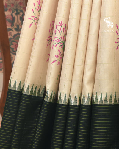 Off White Hand Painted Kanchi Silk Saree with Floral Painted and Zari Kattam Design