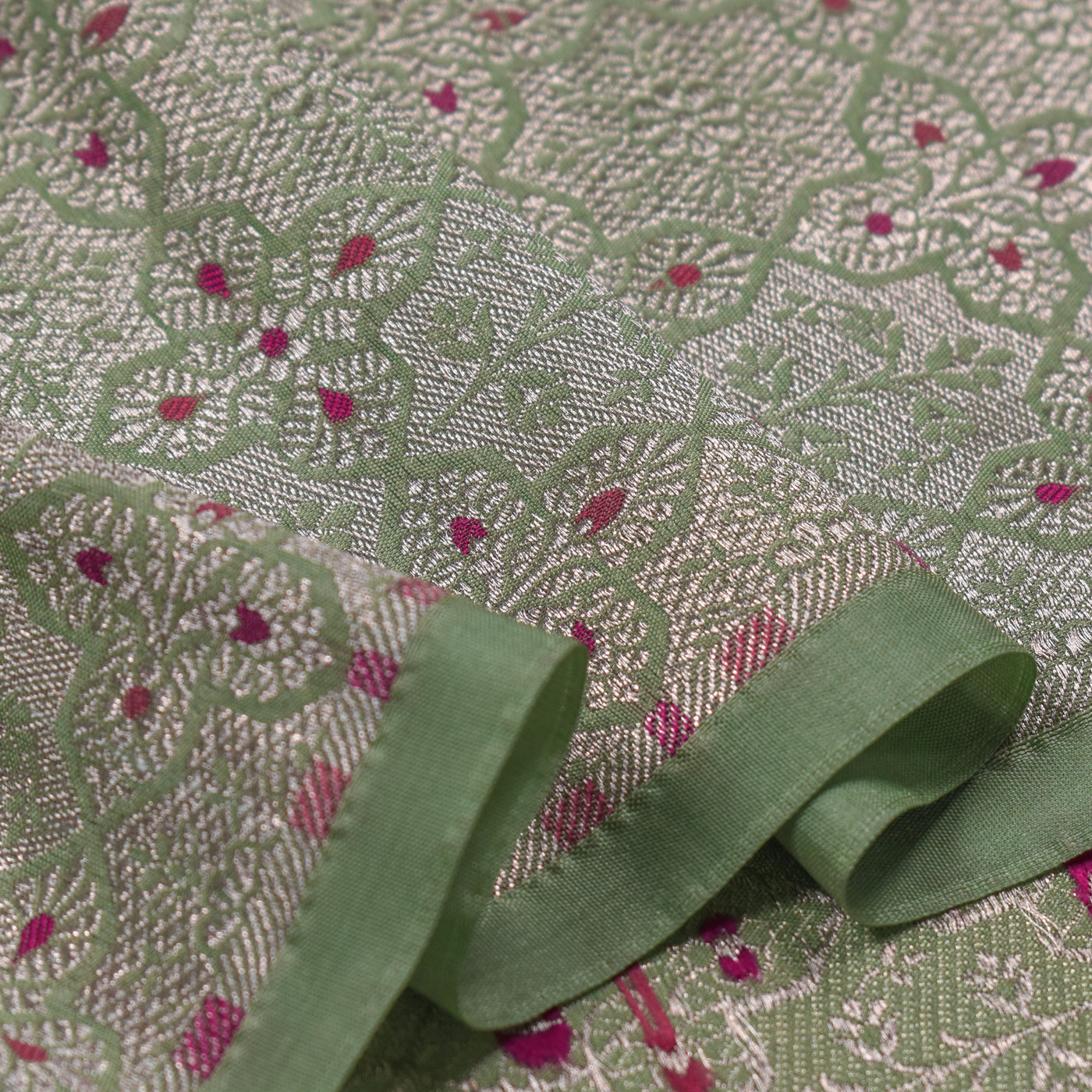 Apple Green Banarasi Silk Fabric with Flower Butta Design