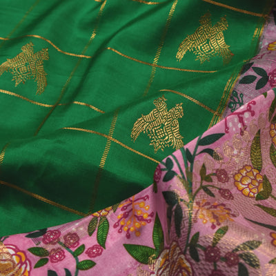 Alli Green Printed Kanchi Silk Saree with Zari Checks and Iruthalai Patchi Design