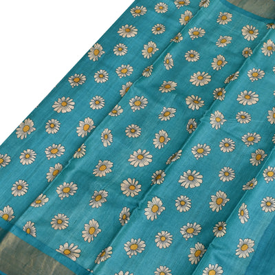 Blue Tussar Silk Saree with Floral Design