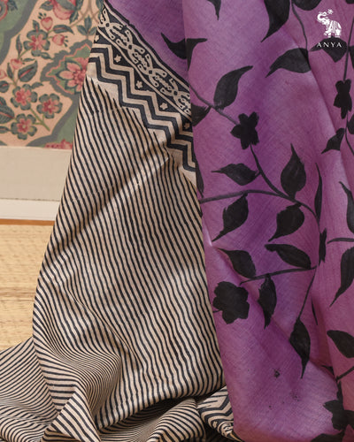 Lavender Tussar Silk Saree with Leaf Painted Design