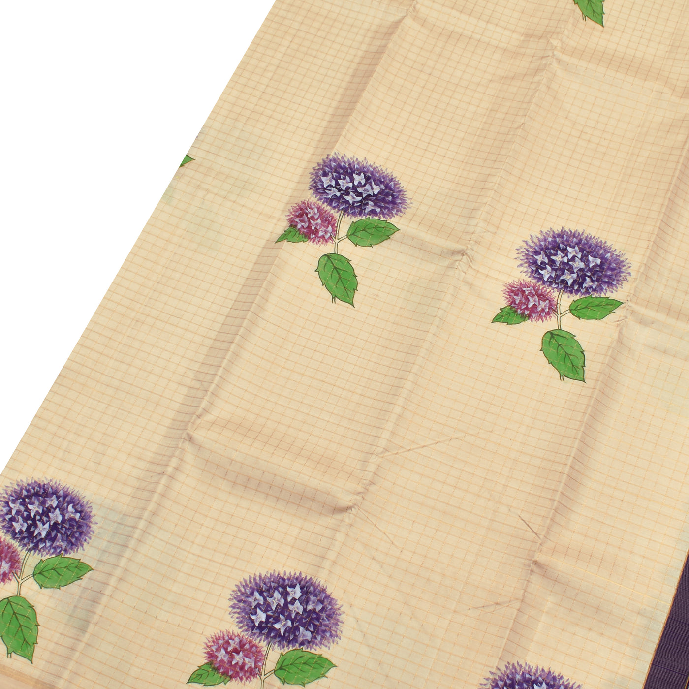 Off White Zari Checks Hand Painted Kanchi Silk Saree with Purple Flower Design