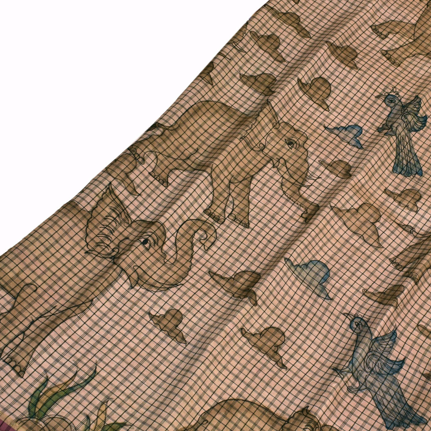 Off White Pen Kalamkari Silk Saree with Elephant Design