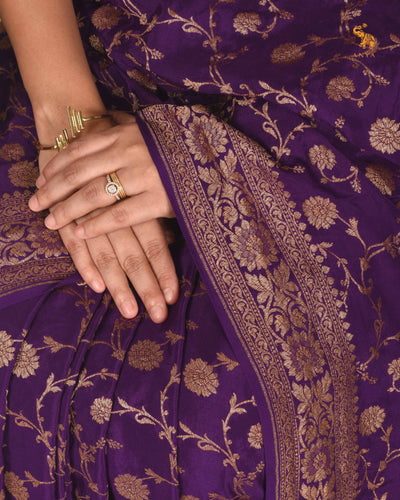 Dark Violet Crepe Banarasi Silk Saree with Floral Creeper Design