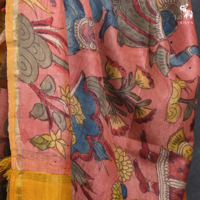 Rust Pen Kalamkari Kanchi Silk Dupatta with Mustard Seer Border Design