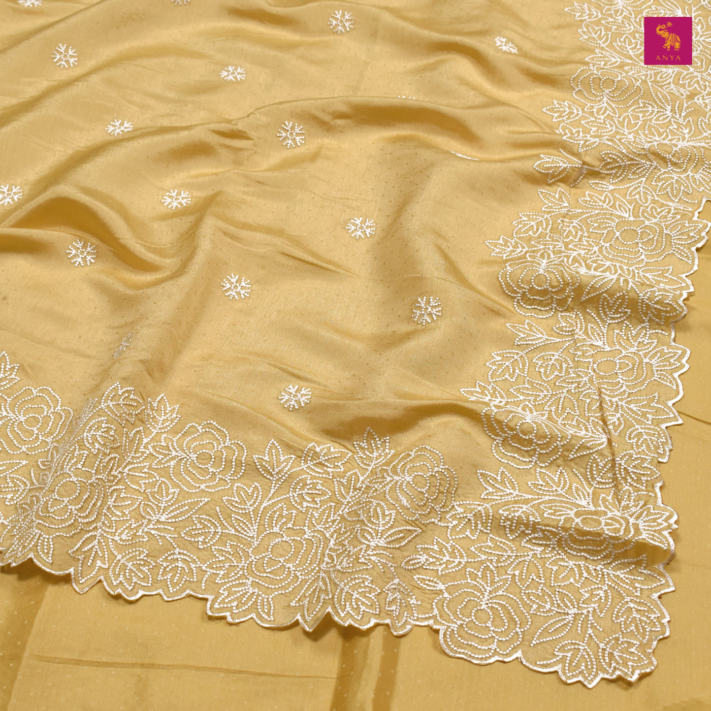 Golden Yellow Tussar Silk Saree with Embroidery Design