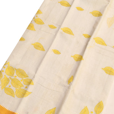Off White Cotton Saree with Yellow Kantha Work Design
