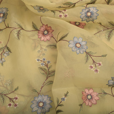 Lemon Yellow Organza Fabric with Floral Creeper Embroidery Design
