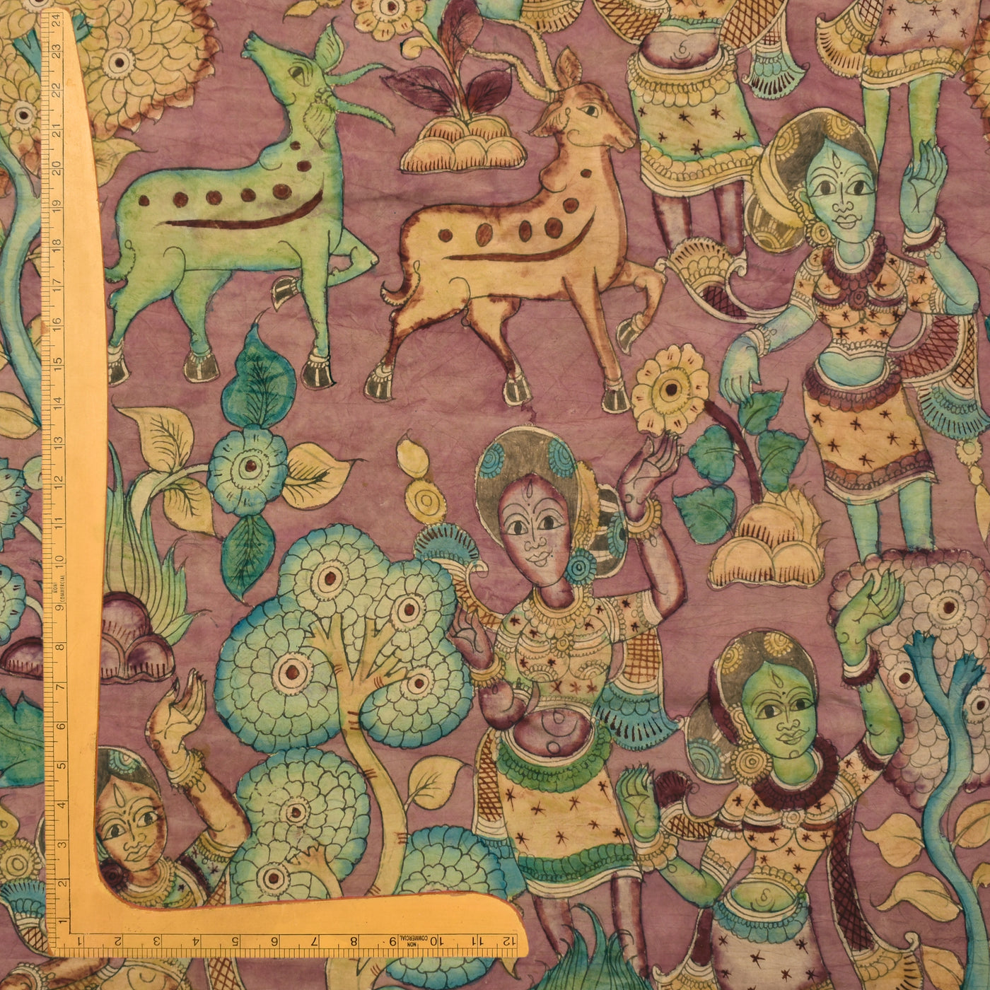 Onion Pink Pen Kalamkari Kanchi Silk Fabric with Dancing Doll Design