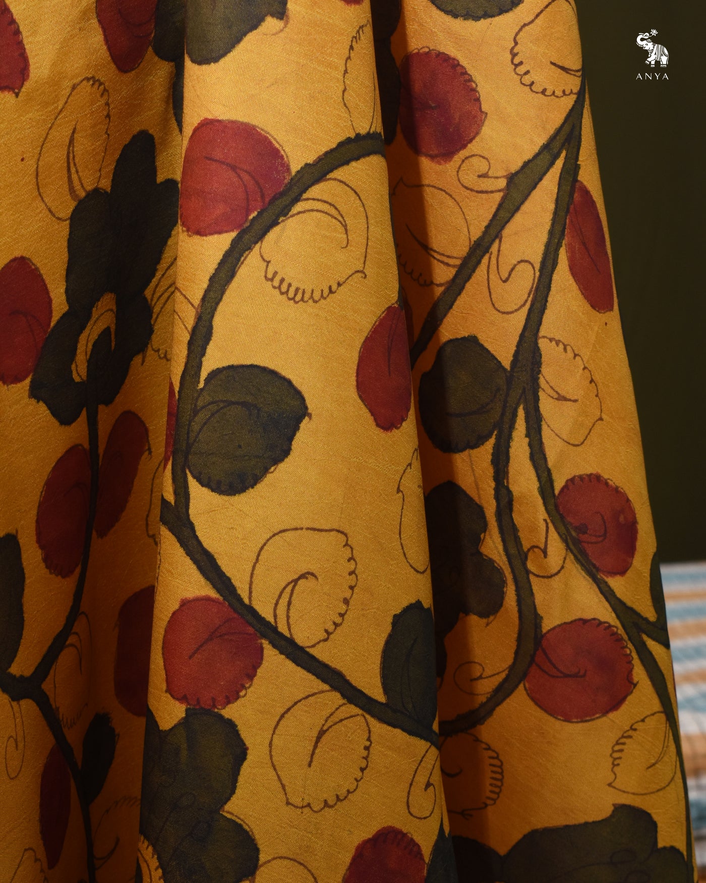 Mustard Pen Kalamkari Kanchi Silk Fabric