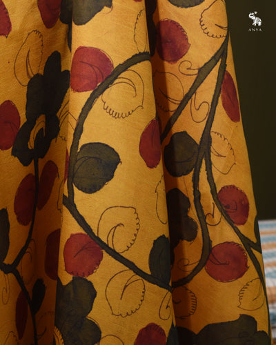 Mustard Pen Kalamkari Kanchi Silk Fabric